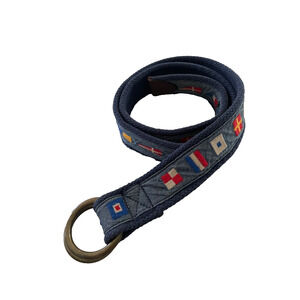 Nautical Flag Ribbon Belt Canvas Brass Buckle Mens Vintage Sz Medium Shown